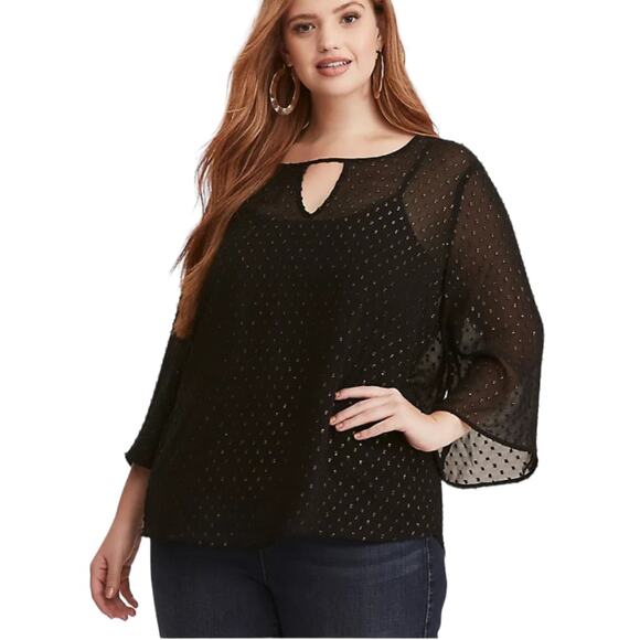 Torrid Black & Gold Foil Textured Dot Chiffon Bell Sleeve Sheer Top Size 0X - Picture 1 of 10